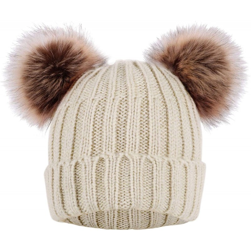 Skullies & Beanies Women's Faux Fur Pompom Mickey Ears Cable Knit Winter Beanie Hat - Beige Hat Coffee Ball Beige Lining - CF...