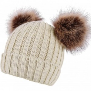 Skullies & Beanies Women's Faux Fur Pompom Mickey Ears Cable Knit Winter Beanie Hat - Beige Hat Coffee Ball Beige Lining - CF...