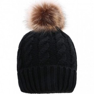 Skullies & Beanies Womens Winter Hand Knit Faux Fur Pompoms Beanie Hat - Single-black - CV12BYRSC1X $12.77