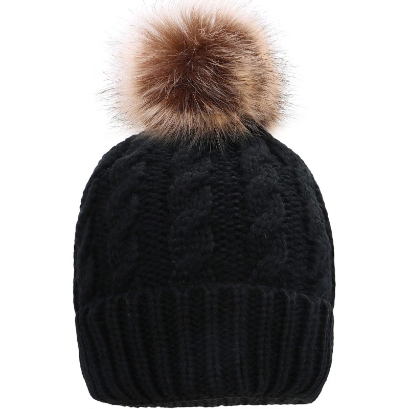 Skullies & Beanies Womens Winter Hand Knit Faux Fur Pompoms Beanie Hat - Single-black - CV12BYRSC1X $12.77