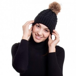 Skullies & Beanies Womens Winter Hand Knit Faux Fur Pompoms Beanie Hat - Single-black - CV12BYRSC1X $12.77