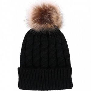 Skullies & Beanies Womens Winter Hand Knit Faux Fur Pompoms Beanie Hat - Single-black - CV12BYRSC1X $12.77