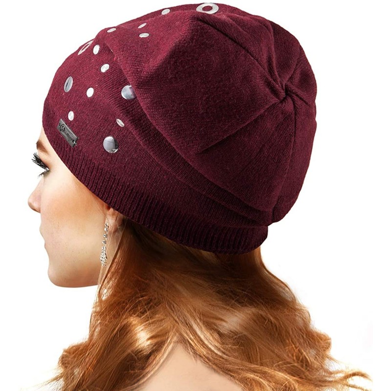 Skullies & Beanies Wool Slouchy Beanie Hat for Women Double Layers Skull Caps Rivets Curly Backside - Red - CS187LM8Z3H $17.98