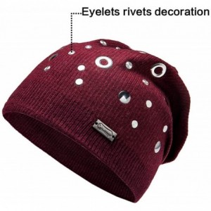 Skullies & Beanies Wool Slouchy Beanie Hat for Women Double Layers Skull Caps Rivets Curly Backside - Red - CS187LM8Z3H $17.98