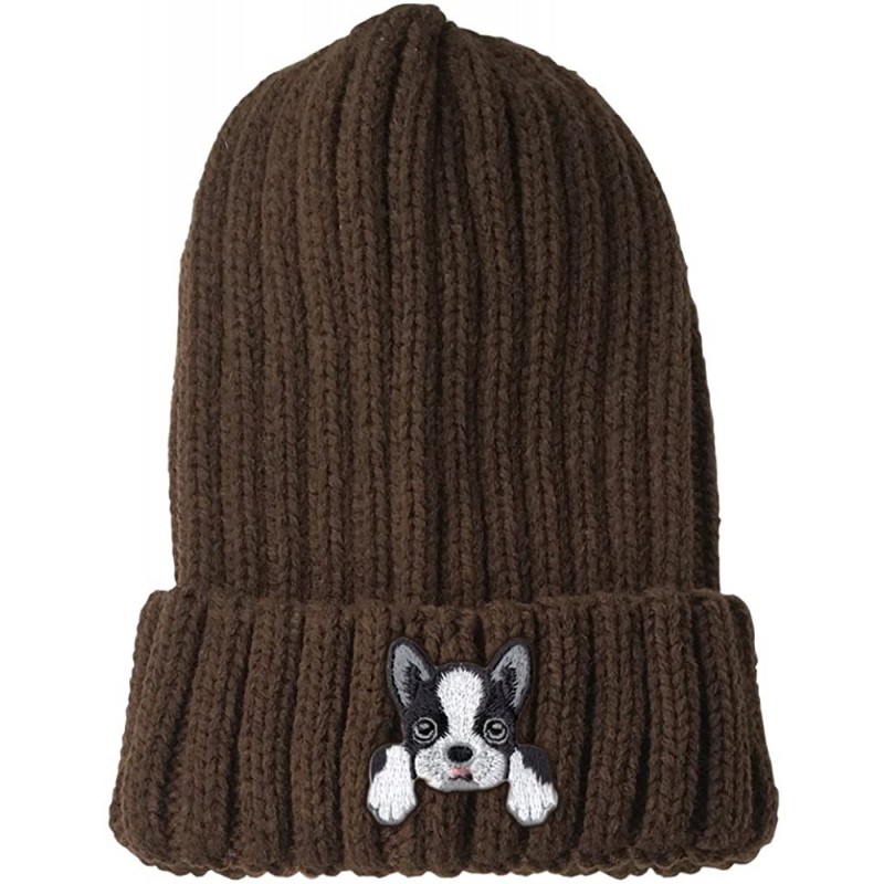 Skullies & Beanies [ Boston Terrier ] Cute Embroidered Puppy Dog Warm Knit Fleece Winter Beanie Skull Cap - Brown - CV189RWE5...