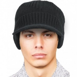 Skullies & Beanies Men's Wool Blend Visor Beanie Cap- Velour Fleece Lined - Ribbed - Black - C4186OSQIAG $18.89