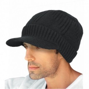 Skullies & Beanies Men's Wool Blend Visor Beanie Cap- Velour Fleece Lined - Ribbed - Black - C4186OSQIAG $18.89