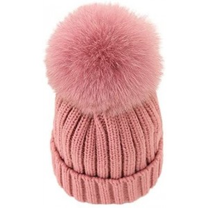 Skullies & Beanies Women Winter Kintted Beanie Hats with Real Fox Fur Pom Pom - Pink - CO12NRE5L8G $12.64