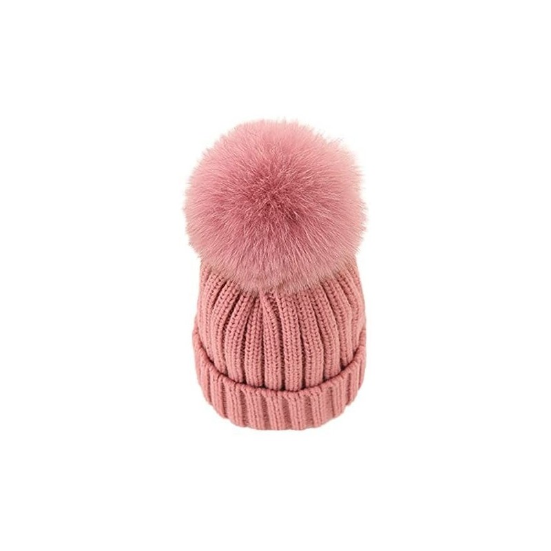 Skullies & Beanies Women Winter Kintted Beanie Hats with Real Fox Fur Pom Pom - Pink - CO12NRE5L8G $12.64