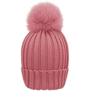 Skullies & Beanies Women Winter Kintted Beanie Hats with Real Fox Fur Pom Pom - Pink - CO12NRE5L8G $12.64