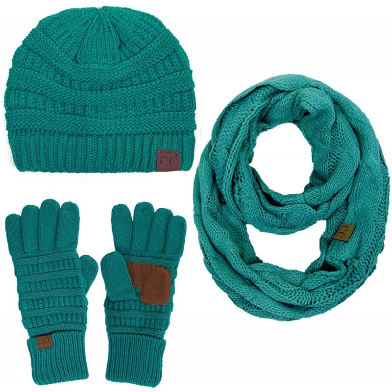 Skullies & Beanies 3pc Set Trendy Warm Chunky Soft Stretch Cable Knit Beanie Scarves Gloves Set - Sea Green - C218ZLGHR3G $38.85