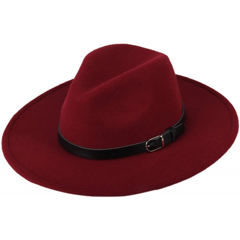 Fedoras Women's Wide Brim Wool Fedora Panama Hat with Belt - Wine Red - CM128RSHX85 $13.73