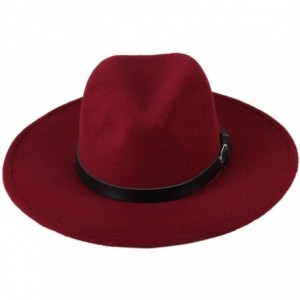 Fedoras Women's Wide Brim Wool Fedora Panama Hat with Belt - Wine Red - CM128RSHX85 $13.73