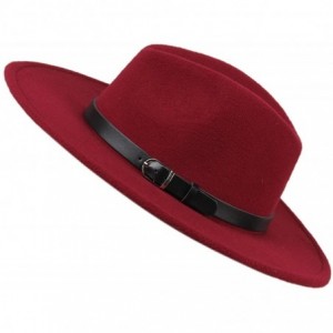 Fedoras Women's Wide Brim Wool Fedora Panama Hat with Belt - Wine Red - CM128RSHX85 $13.73