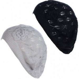 Berets Open Weave Womens Crochet Mesh Beanie Hat Flower Fashion Soft Knit Beret Cap - 2680bkgry - CT194WY40RH $32.88