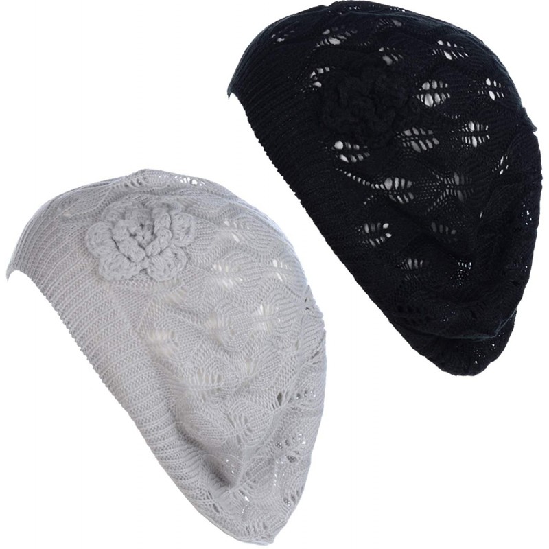 Berets Open Weave Womens Crochet Mesh Beanie Hat Flower Fashion Soft Knit Beret Cap - 2680bkgry - CT194WY40RH $18.22