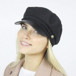 Newsboy Caps Women's Winter Greek Sailor Fisherman Cabbie Cap Newsboy Baker boy hat with Elastic Band - Pu Brim-black - C318I...