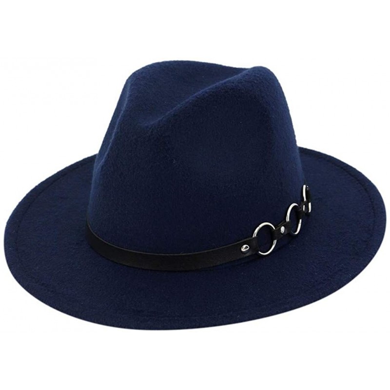 Fedoras Mens Fedora Hat Faux Felt Wide Brim Belt Buckle Cowboy Hat - A Navy - CT1933XAQNO $12.45