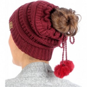 Skullies & Beanies Women's Ponytail Messy Bun Beanie Ribbed Knit Hat Cap with Adjustable Pom Pom String - Burgundy - CB18H4GG...