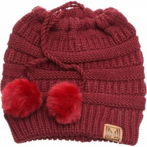 Skullies & Beanies Women's Ponytail Messy Bun Beanie Ribbed Knit Hat Cap with Adjustable Pom Pom String - Burgundy - CB18H4GG...