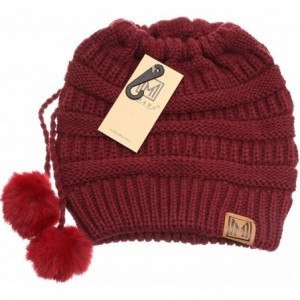 Skullies & Beanies Women's Ponytail Messy Bun Beanie Ribbed Knit Hat Cap with Adjustable Pom Pom String - Burgundy - CB18H4GG...