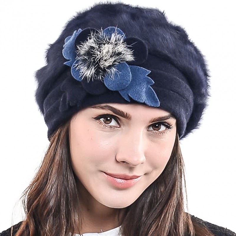 Bucket Hats Women's Elegant Flower Wool Cloche Bucket Ridgy Bowler Hat 09-co20 - Angora Beret-blue - C012CEVL337 $23.73