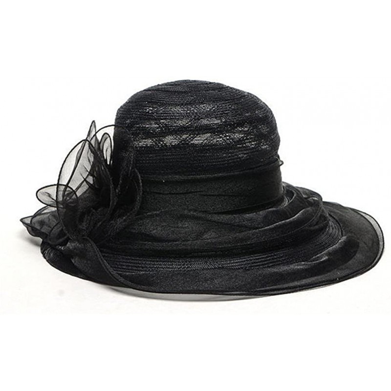 Sun Hats Women's Wide Brim Wedding Travel Summer Beach Sun Hat with Flower - Black - CF12E0UBFBP $33.86