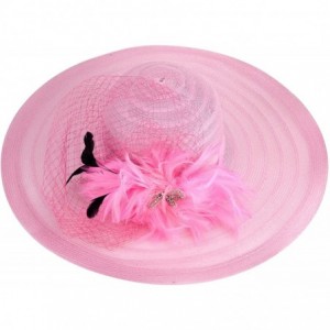 Sun Hats Womens Dress Church Kentucky Derby Wide Brim Feather Wedding Veil Sun Hat A265 - Pink - CG11WUE2Y0Z $33.79
