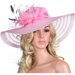 Sun Hats Womens Dress Church Kentucky Derby Wide Brim Feather Wedding Veil Sun Hat A265 - Pink - CG11WUE2Y0Z $13.77