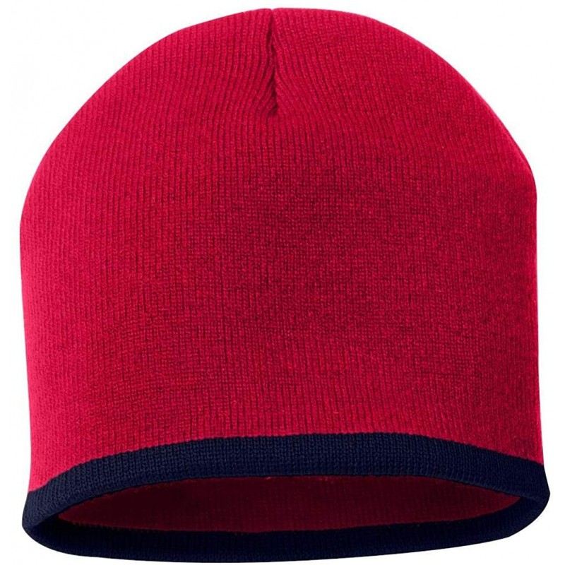 Skullies & Beanies SP09 - 8 Inch Bottom Striped Knit Cap - Red/Navy - CX11DU5K1OJ $12.16