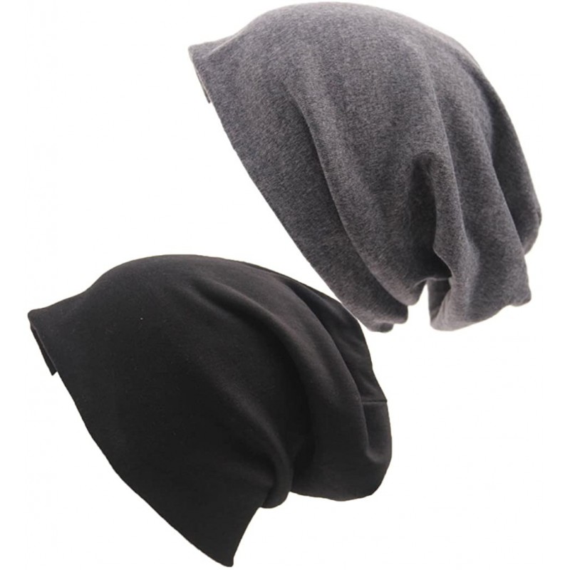 Skullies & Beanies Unisex Indoors Cotton Beanie- Soft Sleep Cap for Hairloss- Cancer- Chemo - Black+grey - CV189ZO3X9D $9.62