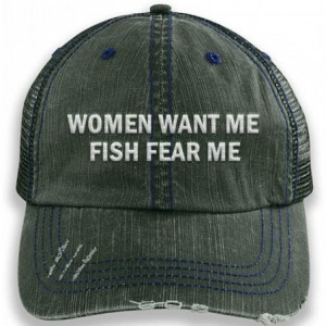 Baseball Caps Women Want Me Fish Fear Me Embroidered Distressed Trucker Cap Men Hat - Dark Green - CG18TEDLQMA $34.91