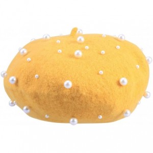 Berets Beret Pearl Autumn Winter Cashmere Beret Starry Beaded Pearl Rivet Wool Beret - Yellow - CM18LZRYDAA $12.63