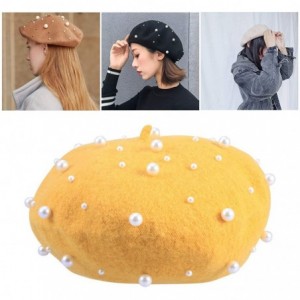 Berets Beret Pearl Autumn Winter Cashmere Beret Starry Beaded Pearl Rivet Wool Beret - Yellow - CM18LZRYDAA $12.63