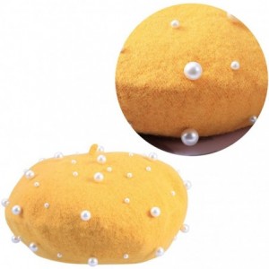 Berets Beret Pearl Autumn Winter Cashmere Beret Starry Beaded Pearl Rivet Wool Beret - Yellow - CM18LZRYDAA $12.63