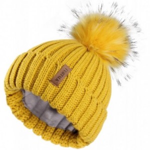 Skullies & Beanies Womens Winter Knitted Beanie Hat with Faux Fur Pom Fleece Lined Warm Beanie for Women - 20-mustard Yellow ...