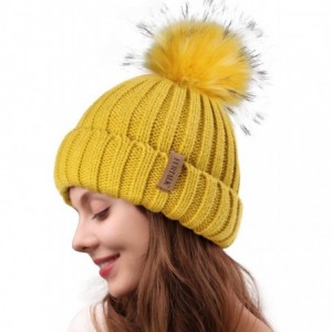 Skullies & Beanies Womens Winter Knitted Beanie Hat with Faux Fur Pom Fleece Lined Warm Beanie for Women - 20-mustard Yellow ...