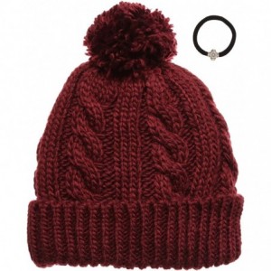 Skullies & Beanies Women's Thick Oversized Cable Knitted Fleece Lined Pom Pom Beanie Hat with Hair Tie. - Burgundy - CE12JOJO...