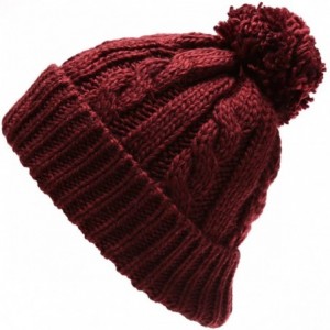 Skullies & Beanies Women's Thick Oversized Cable Knitted Fleece Lined Pom Pom Beanie Hat with Hair Tie. - Burgundy - CE12JOJO...