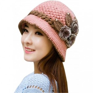 Skullies & Beanies Fashion Women Lady Winter Warm Crochet Knitted Flowers Decorated Ears Hat - Pink - CK186W50OGH $8.13