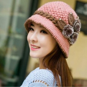 Skullies & Beanies Fashion Women Lady Winter Warm Crochet Knitted Flowers Decorated Ears Hat - Pink - CK186W50OGH $8.13