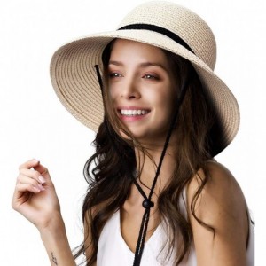 Sun Hats Womens Wide Brim Sun Hat with Wind Lanyard UPF Summer Straw Sun Hats for Women - Beige - CU18T9QG6Q9 $43.78