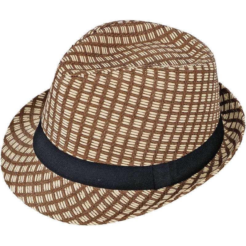 Fedoras Unisex Summer Straw Structured Fedora Hat w/Cloth Band - Brown - CU189ZKQRNQ $12.98