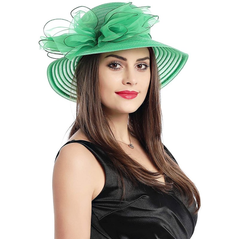 Bucket Hats Lady Derby Dress Church Cloche Hat Bow Bucket Wedding Bowler Hats - Green - CA18ST3DSTW $32.32