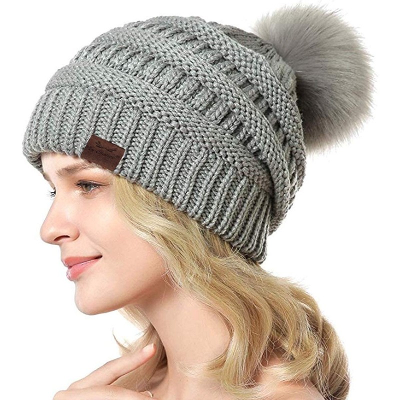 Skullies & Beanies Womens Winter Knit Beanie Hat-Winter Knit Beanie Hat for Women with Faux Fur Pompom Winter Soft Warm Ski C...