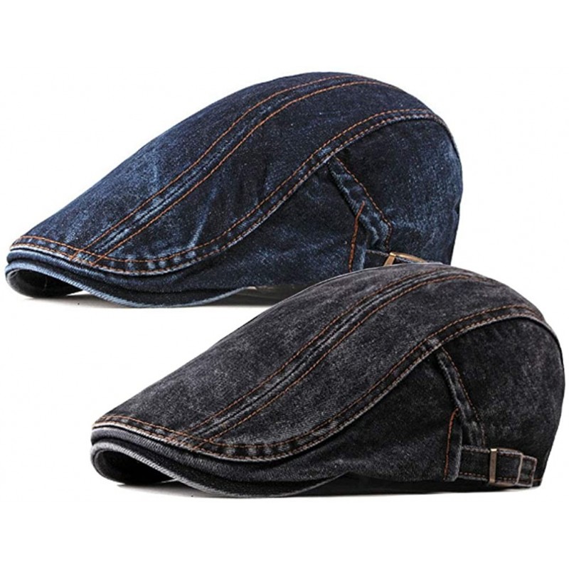 Newsboy Caps 2 Pack Men's Cotton Flat Cap Ivy Gatsby Newsboy Cabbie Caps Hunting Hat - Jean Black/Dark Blue - CH18X4MTY05 $15.31