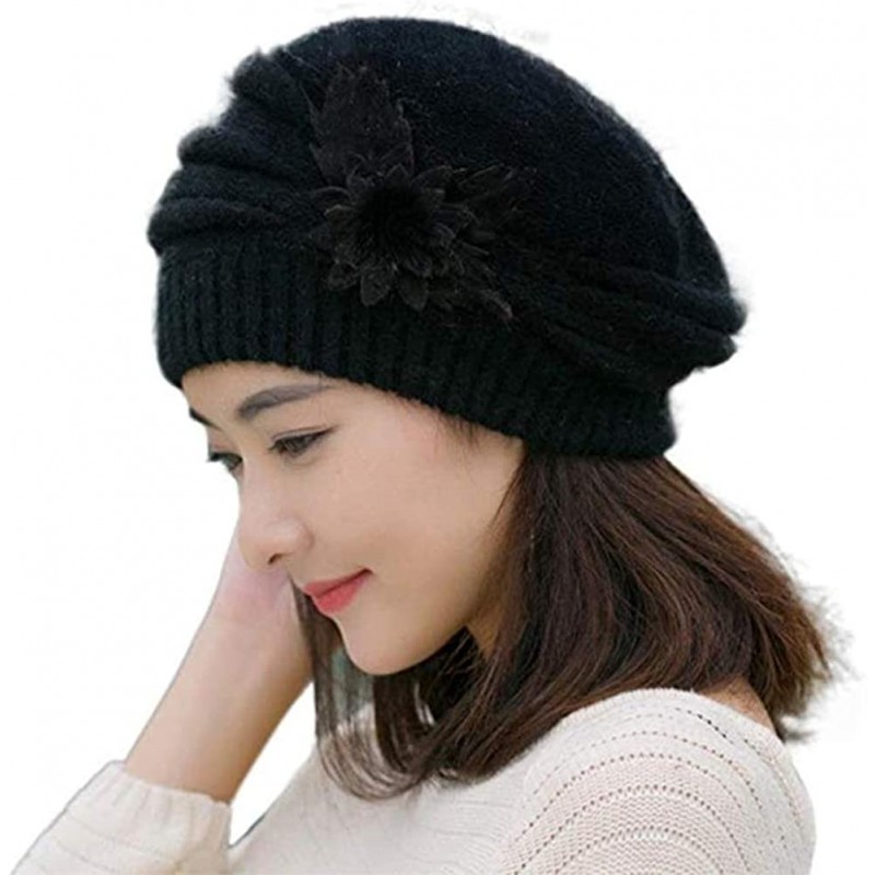 Skullies & Beanies Women's Winter Beret Hat Fleece Lined Soft Warm Beanie Cap with Flower Accent - Black - CP18KNNTOOW $18.20