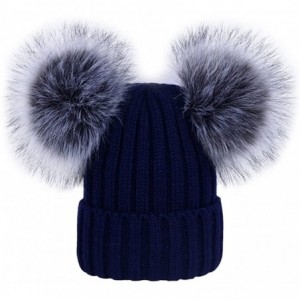 Skullies & Beanies Women's Winter Ribbed Knitted Beanie Hat with Double Faux Fur Pom Pom - Navy - CA1897KM8NA $14.70