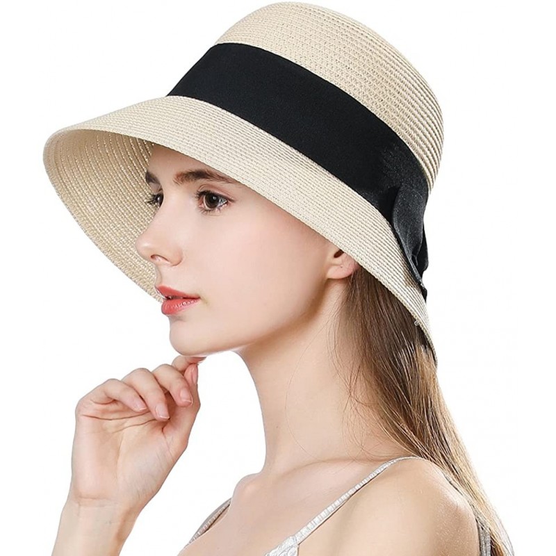 Sun Hats Womens UPF 50 Summer Straw Beach Sun Hat Wide Brim Fashion Fedora Packable & Adjustable - 69087beige - CZ18R3ZQYSS $...