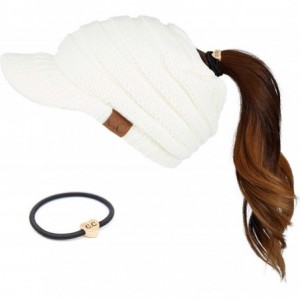 Skullies & Beanies Messy Bun Ponytail Visor Brim Beanie Hat Bundle Hair Tie (MB-131) - Ivory - With Cc Ponytail Holder - C918...
